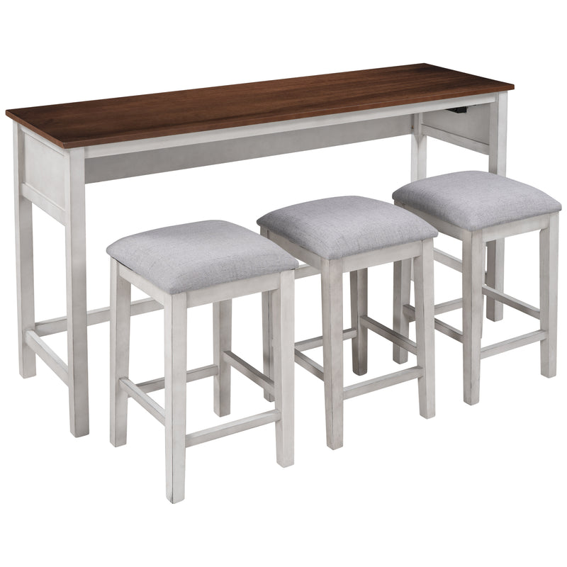 4 Pieces Counter Height Table with Fabric Padded Stools,Rustic Bar Dining Set with Socket,Cherry Top +Distressed White Body