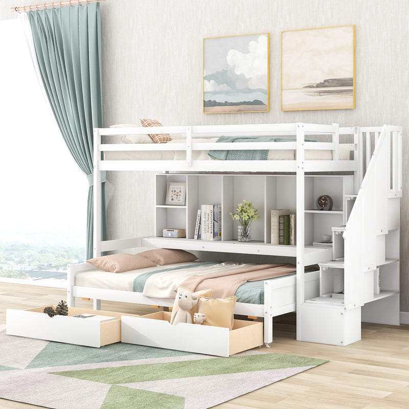 Twin XL over Full Bunk Bed with Built-in Storage Shelves, Drawers and Staircase,White