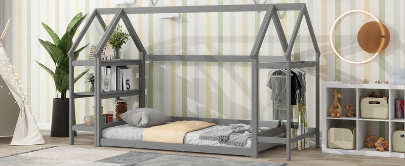 Twin House-Shaped Floor Bed with 2 Detachable Stands,Gray