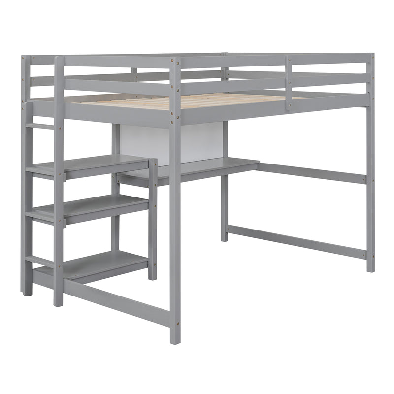 Full Size Wooden Loft Bed with Shelves, Desk and Writing Board - Gray