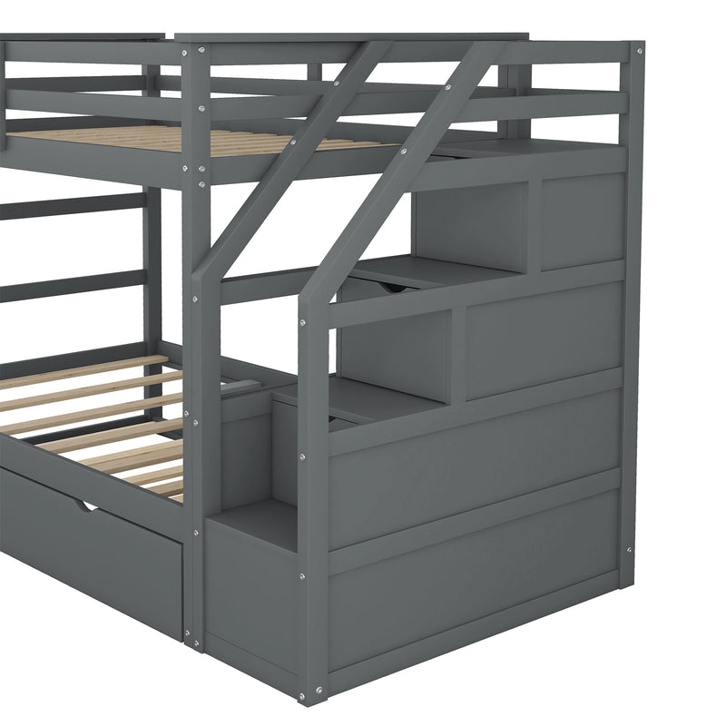 Twin-Over-Twin Bunk Bed with Twin Size Trundle and 3 Storage Stairs,Gray