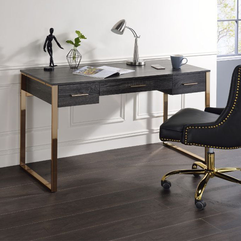 Metal Frame Wood Writing Desk, Computer Table with 2 Drawers in Champagne Gold & Black Finish