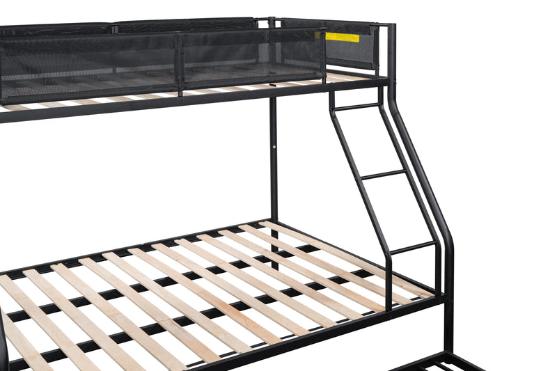 Twin over Full Metal Bunk Bed with Trundle (Wood Slat and Textilene Guardrail)