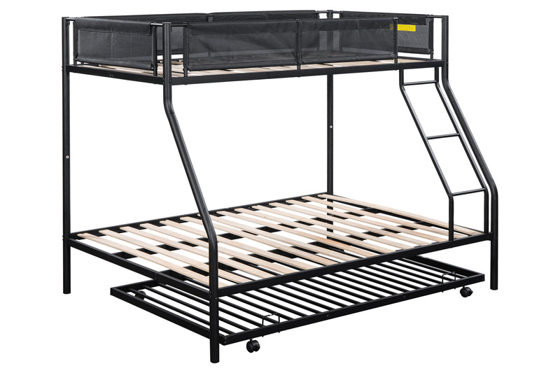 Twin over Full Metal Bunk Bed with Trundle (Wood Slat and Textilene Guardrail)