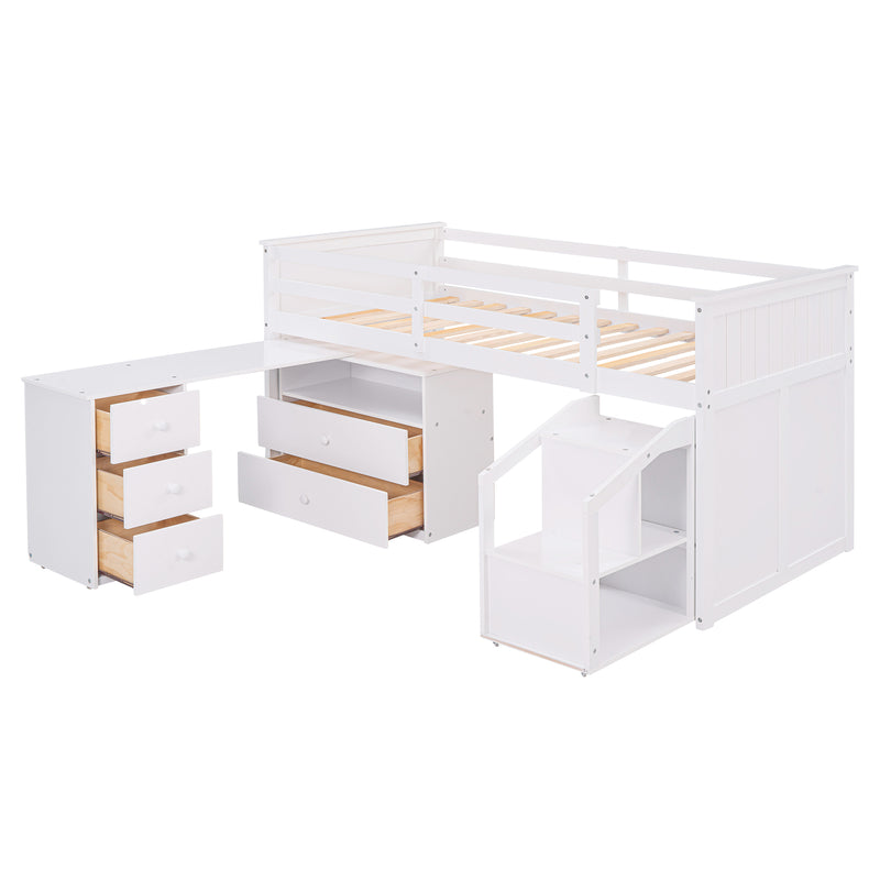 Loft Bed Low Study Twin Size Loft Bed With Storage Steps and Portable,Desk,White