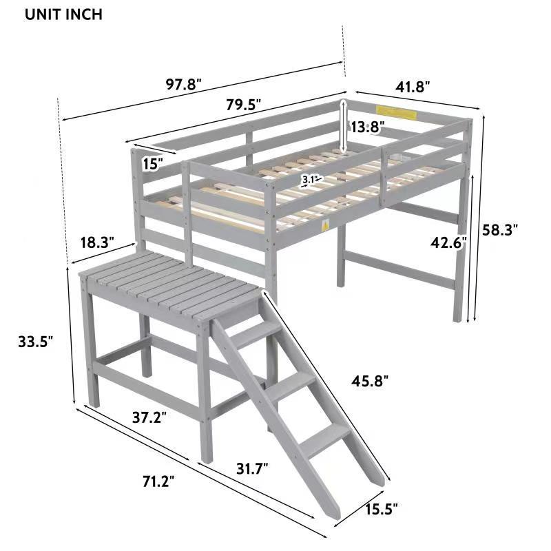 Twin Loft Bed with Platform,ladder,Gray