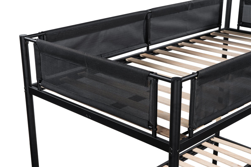 Twin over Full Metal Bunk Bed with Trundle (Wood Slat and Textilene Guardrail)