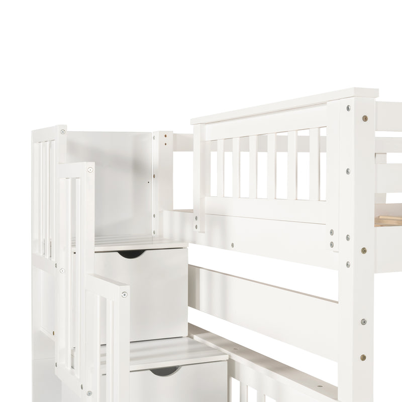 Full Over Full Bunk Bed with Shelves and 6 Storage Drawers, White