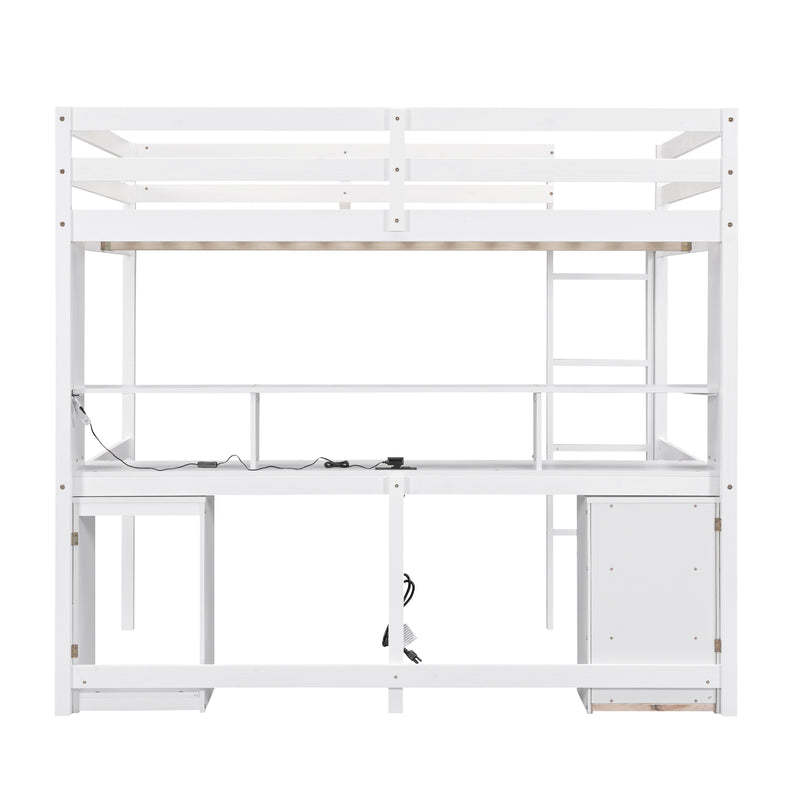 Full Size Loft Bed with Multi-storage Desk, LED light and Bedside Tray, Charging Station, White