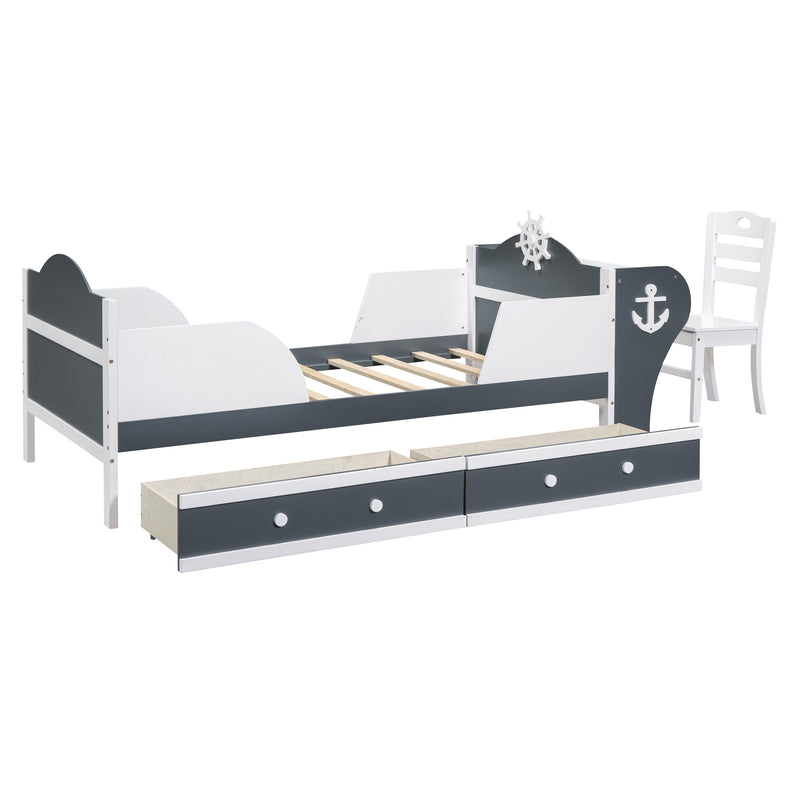 Twin Size Boat-Shaped Platform Bed with Two Drawers,Twin Bed with Desk and Chair for Bedroom,White+Gray