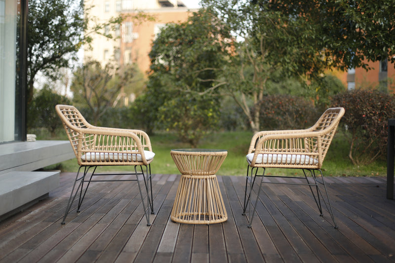 3 Piece Patio Set, Outdoor Wicker Chairs with Glass Top Table and Soft Cushion, Rattan Front Porch Furniture