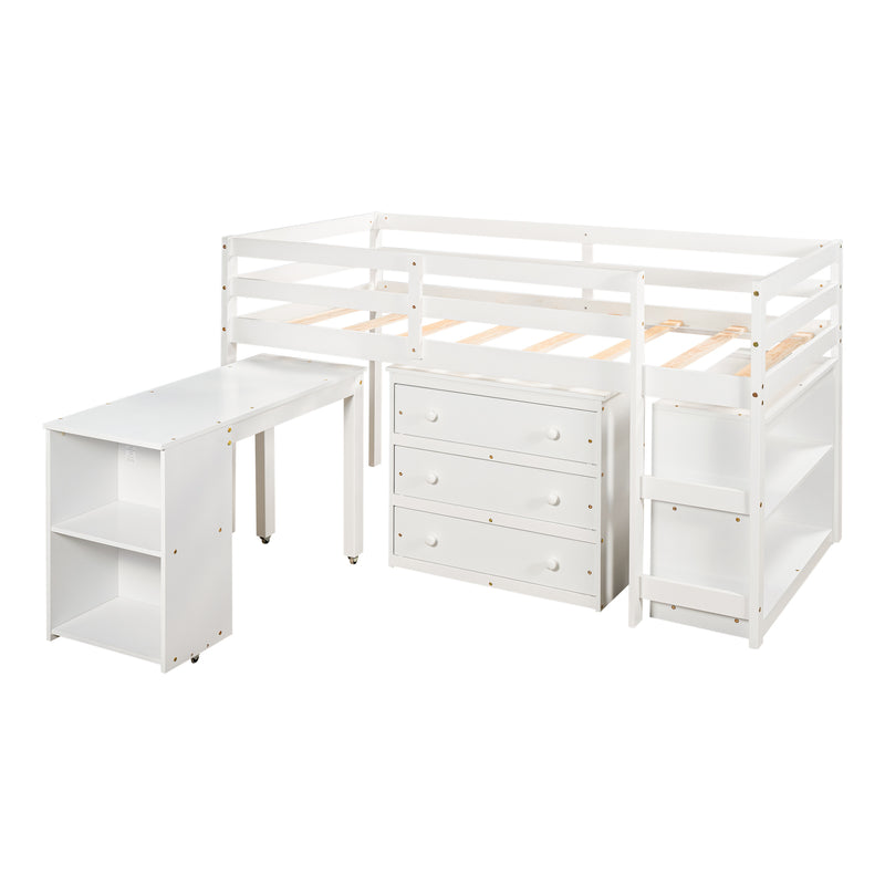 Low Study Twin Loft Bed with Cabinet and Rolling Portable Desk