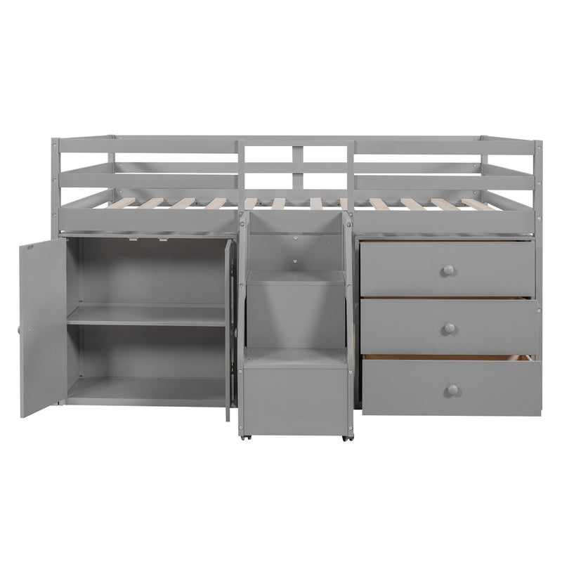 Full Size Functional Loft Bed with Cabinets and Drawers, Hanging Clothes at the back of the Staircase, Gray