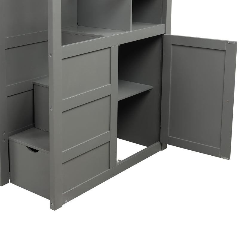 Twin over Full/Twin Bunk Bed, Convertible Bottom Bed, Storage Shelves and Drawers, Gray