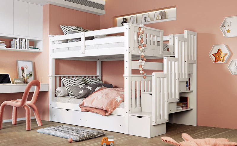 Full Over Full Bunk Bed with Shelves and 6 Storage Drawers, White