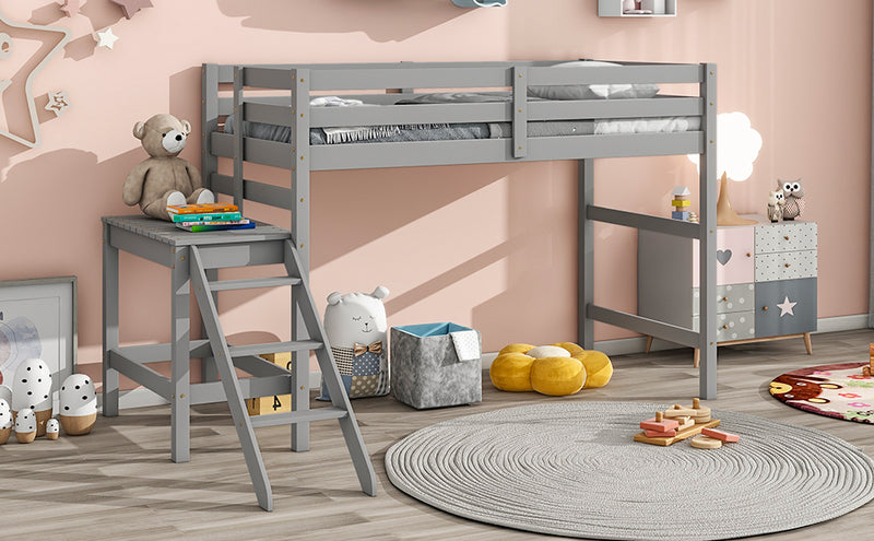 Twin Loft Bed with Platform,ladder,Gray