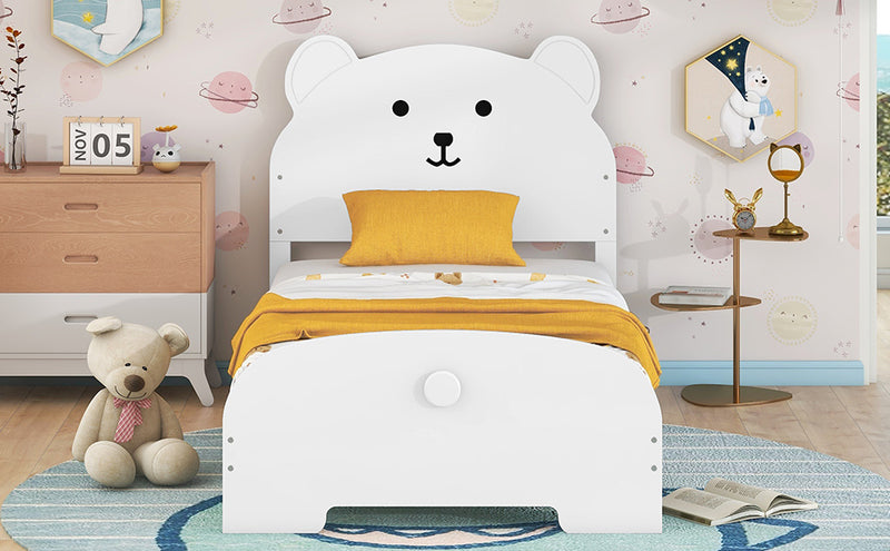 Twin Size Wood Platform Bed with Bear-shaped Headboard and Footboard,White