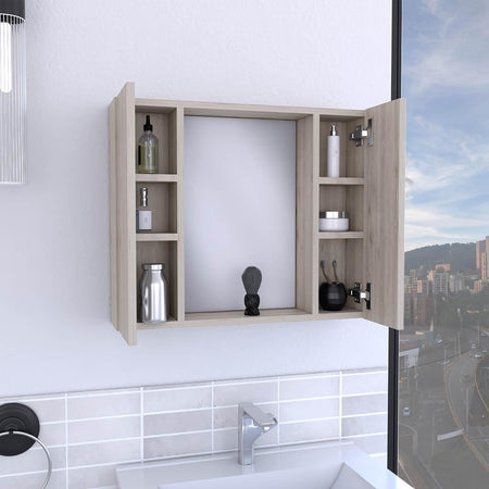 Medicine Cabinet Hops, Double Door, Mirror, One External Shelf, Light Gray Finish