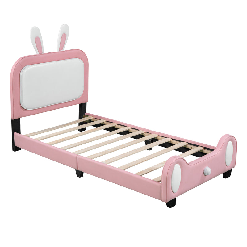 Twin size Upholstered Rabbit-Shape Princess Bed ,Twin Size Platform Bed with Headboard and Footboard,White+Pink