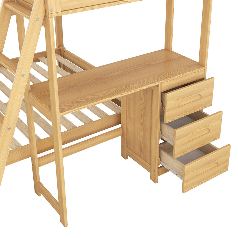 Twin over Full Bunk Bed with Built-in Desk and Three Drawers,Natural