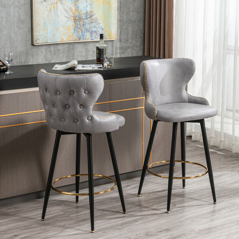 29" Modern Fabric Faux Leather bar chairs,180° Swivel Bar Stool Chair for Kitchen,Tufted Gold Nailhead Trim Gold Decoration Bar Stools with Metal Legs,Set of 2 (Light Grey)