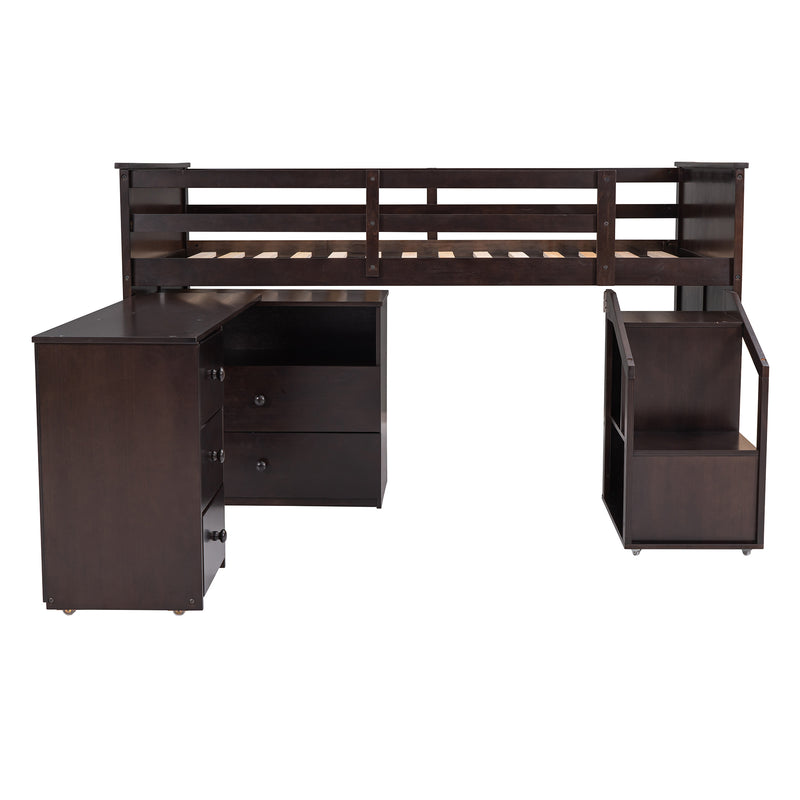 Loft Bed Low Study Twin Size Loft Bed With Storage Steps and Portable,Desk,Espresso