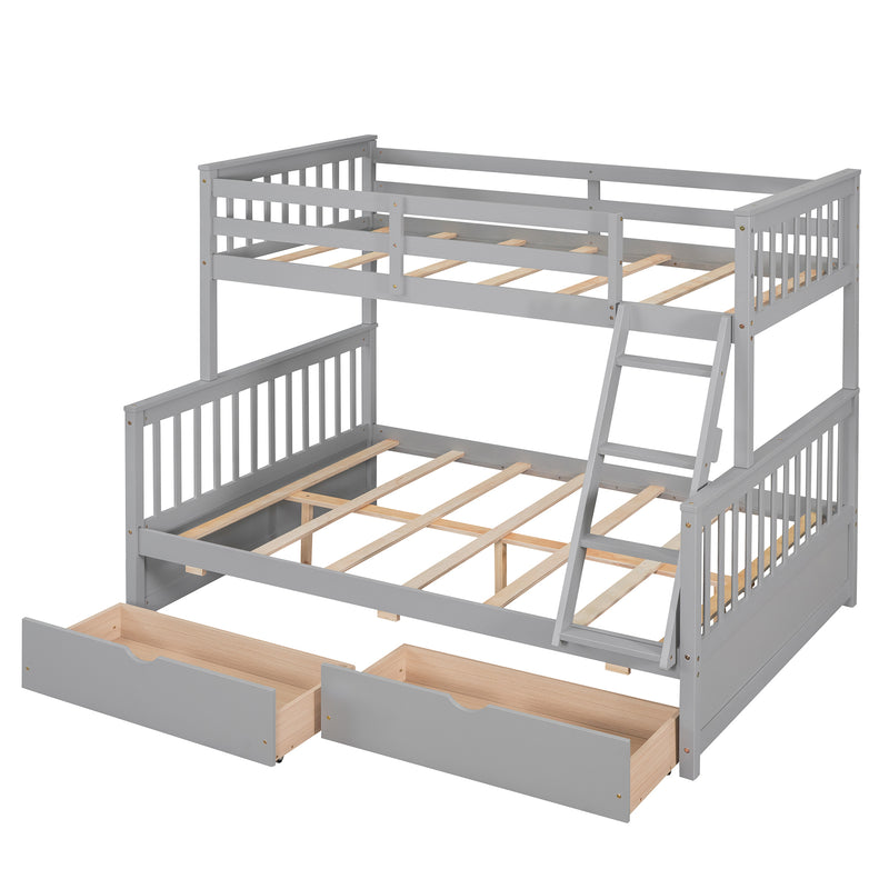 Twin-Over-Full Bunk Bed with Ladders and Two Storage Drawers(Gray)