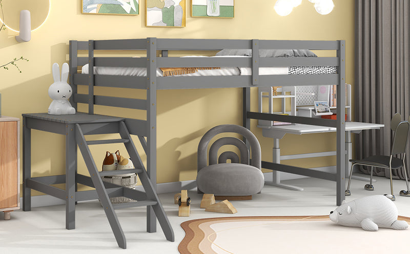 Full Loft Bed with Platform,ladder,Gray