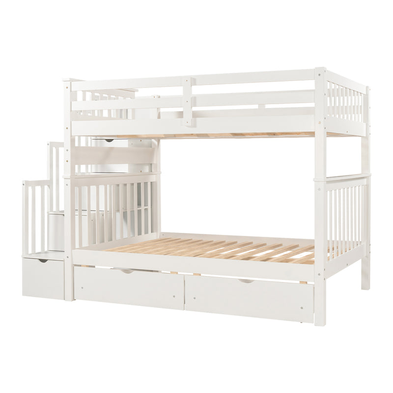 Full Over Full Bunk Bed with Shelves and 6 Storage Drawers, White