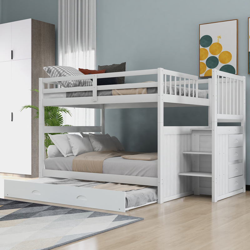 Full over Full Bunk Bed with Twin Size Trundle, White