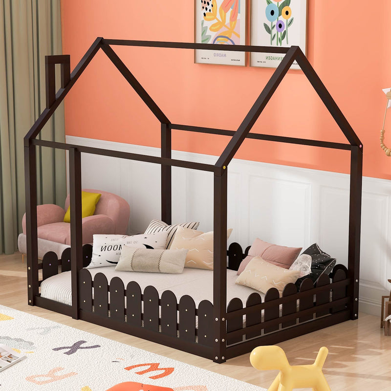 （Slats are not included) Full Size Wood Bed House Bed Frame with Fence, for Kids, Teens, Girls, Boys (Espresso )