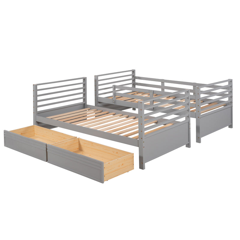 Twin over Twin Wood Bunk Bed with Two Drawers - Gray