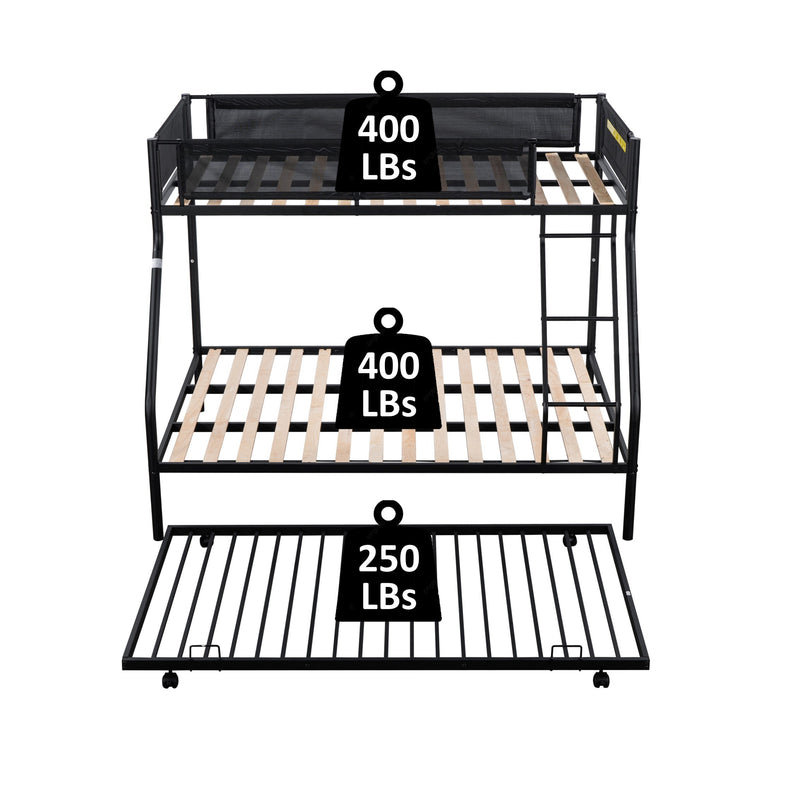 Twin over Full Metal Bunk Bed with Trundle (Wood Slat and Textilene Guardrail)