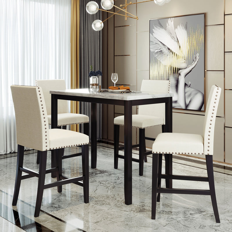 5 Piece Counter Height Faux Marble Modern Dining Set with Matching Chairs and Marble Veneer for Home, Beige