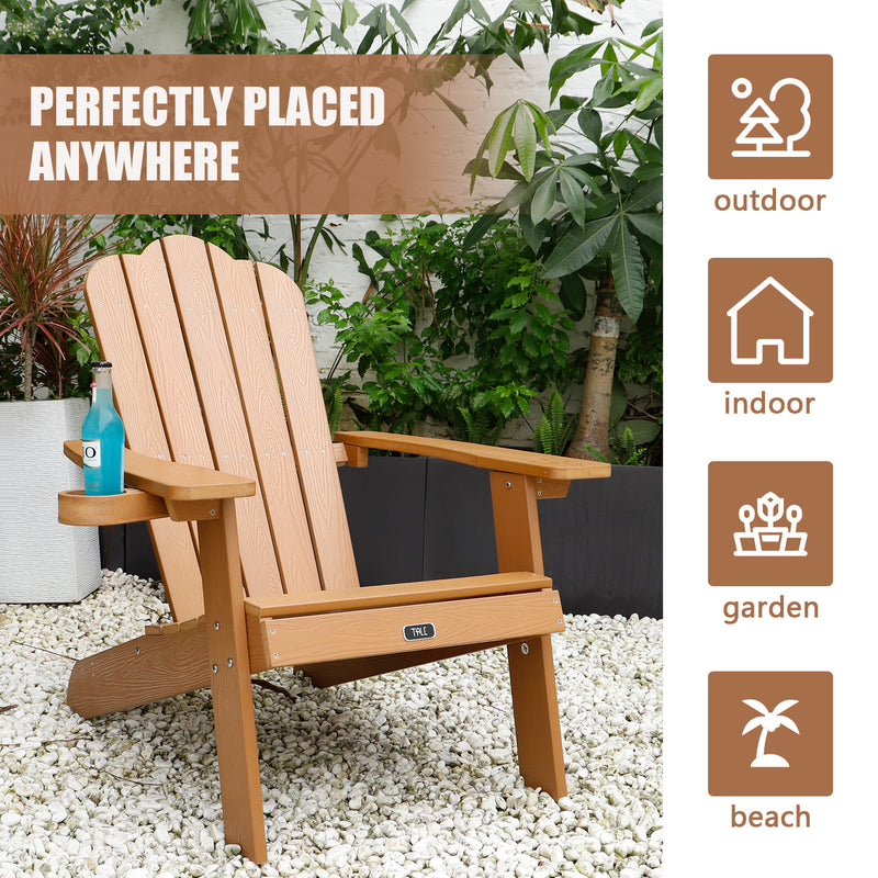 Adirondack Chair Backyard Outdoor Furniture Painted Seating with Cup Holder All-Weather and Fade-Resistant Plastic Wood for Lawn Patio Deck Garden Porch Lawn Furniture Chairs Brown