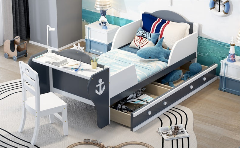 Twin Size Boat-Shaped Platform Bed with Two Drawers,Twin Bed with Desk and Chair for Bedroom,White+Gray