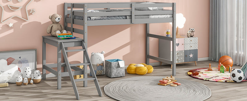 Twin Loft Bed with Platform,ladder,Gray