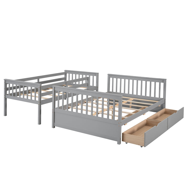 Twin-Over-Full Bunk Bed with Ladders and Two Storage Drawers(Gray)