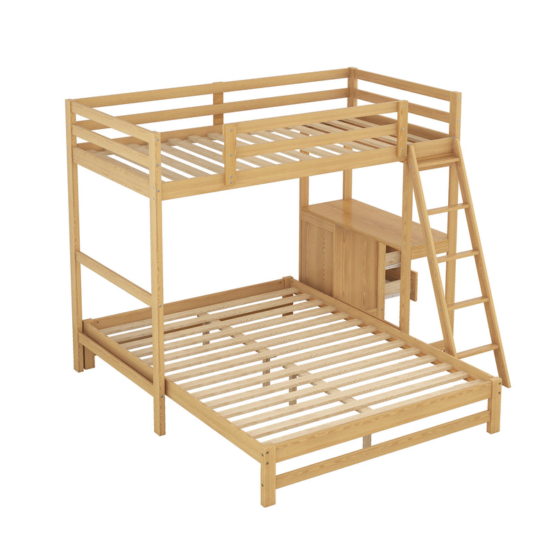 Twin over Full Bunk Bed with Built-in Desk and Three Drawers,Natural