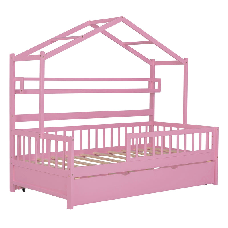 Wooden Twin Size House Bed with Trundle,Kids Bed with Shelf, Pink