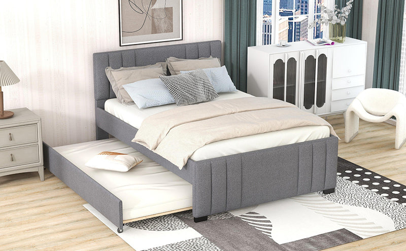 Full Upholstered Platform Bed with Trundle,Grey