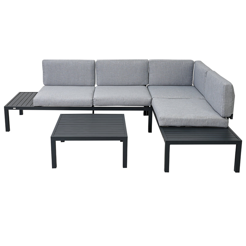 Outdoor 3-piece Aluminum Alloy Sectional Sofa Set with End Table and Coffee Table,Black Frame+Gray Cushion