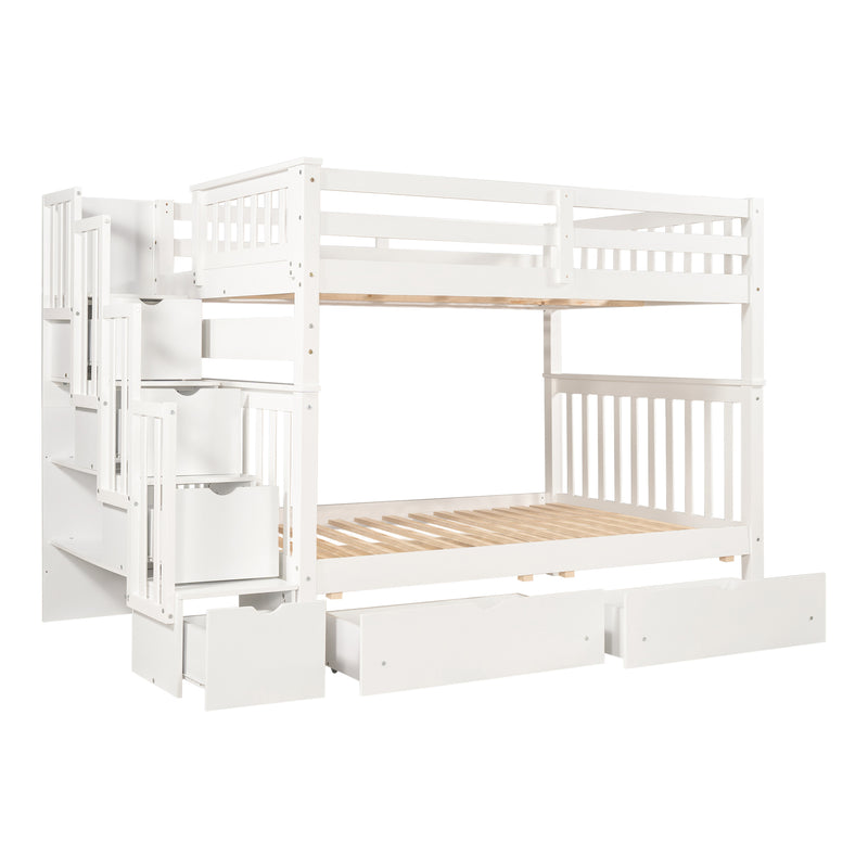 Full Over Full Bunk Bed with Shelves and 6 Storage Drawers, White