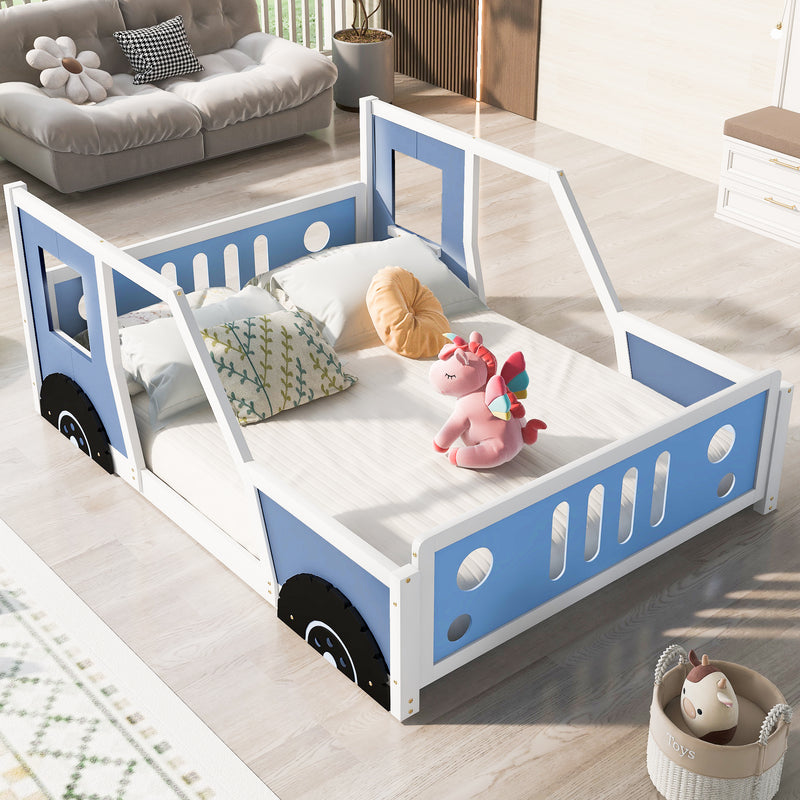 Full Size Classic Car-Shaped Platform Bed with Wheels,Blue