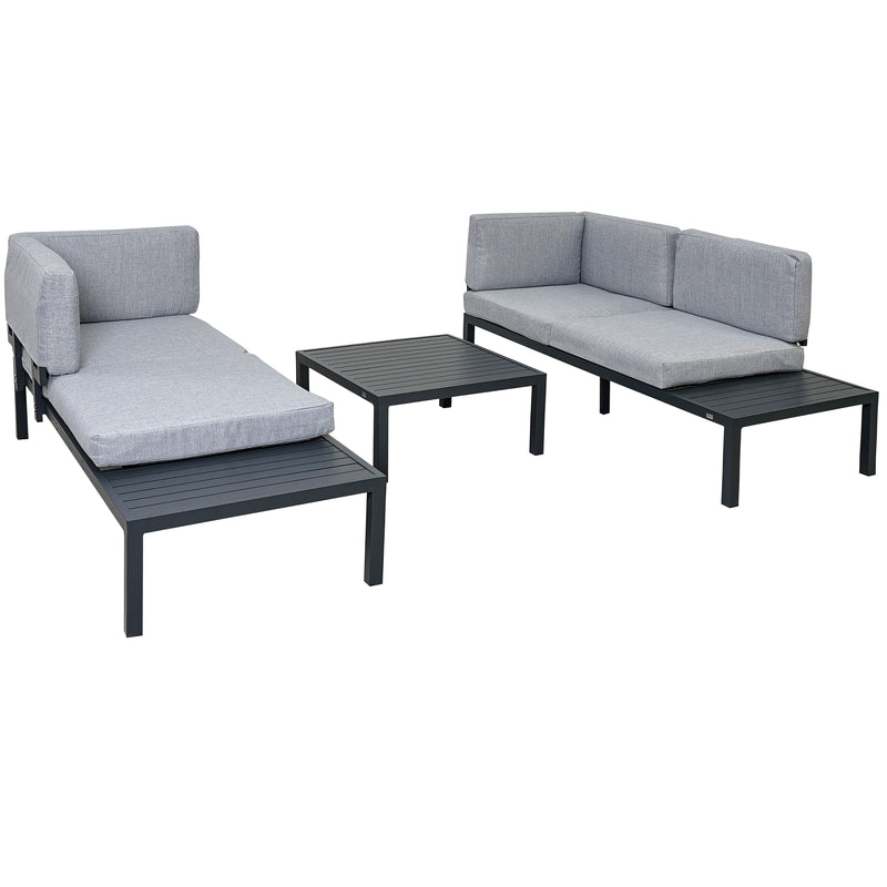 Outdoor 3-piece Aluminum Alloy Sectional Sofa Set with End Table and Coffee Table,Black Frame+Gray Cushion