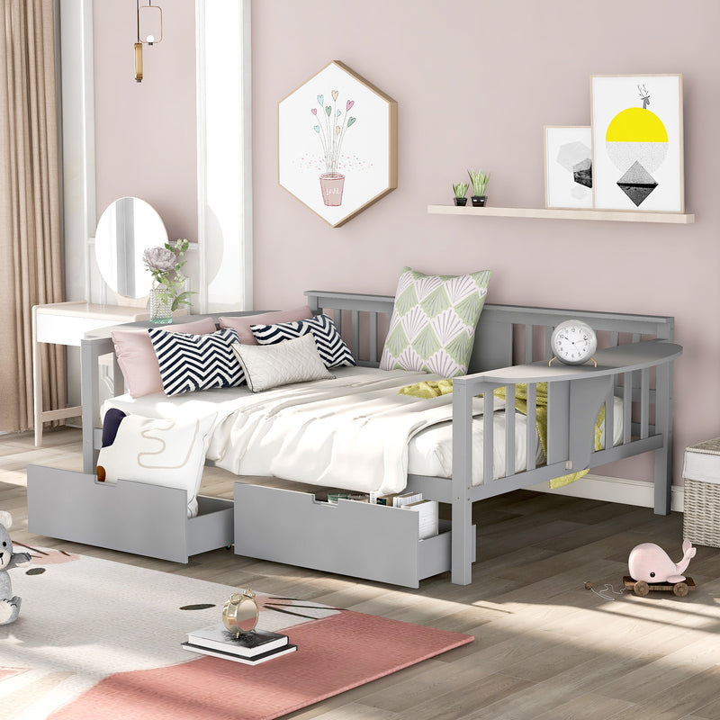 Full size Daybed with Two Drawers, Wood Slat Support, Gray