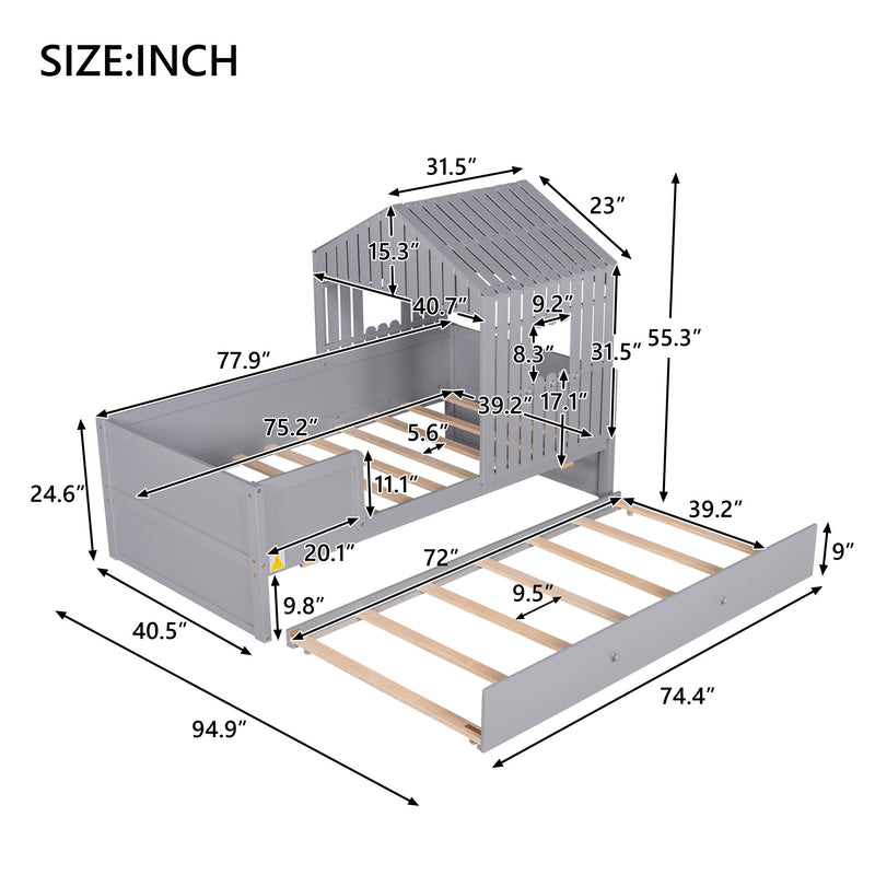 Twin Size House Low Loft Bed with Trundle,Gray