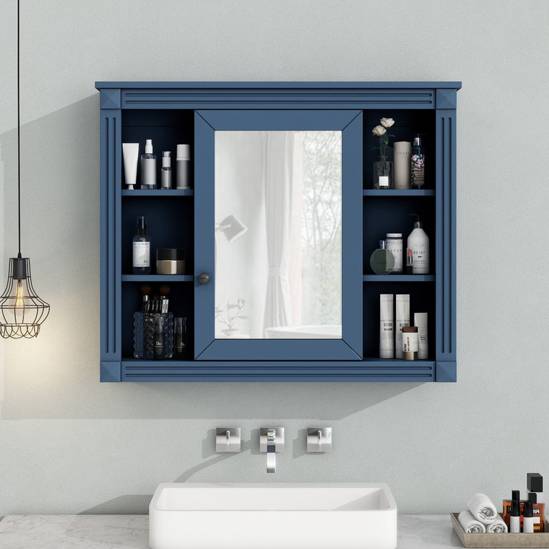 35'' x 28'' Royal Blue Wall Mounted Bathroom Storage Cabinet, Modern Bathroom Wall Cabinet with Mirror, Mirror Cabinet with 6 Open Shelves (Not Include Bathroom Vanity )