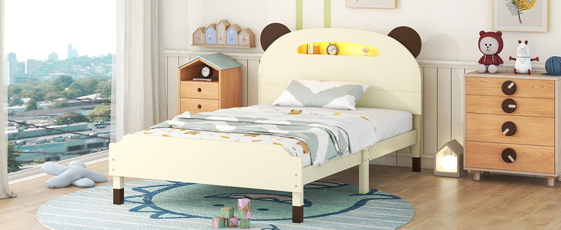 Twin Size Wood Platform Bed with Bear-shaped Headboard,Bed with Motion Activated Night Lights,Cream+Walnut