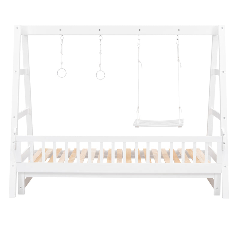 Extendable Twin Daybed with Swing and Ring Handles, White(Twin bed can be pulled out to be King)